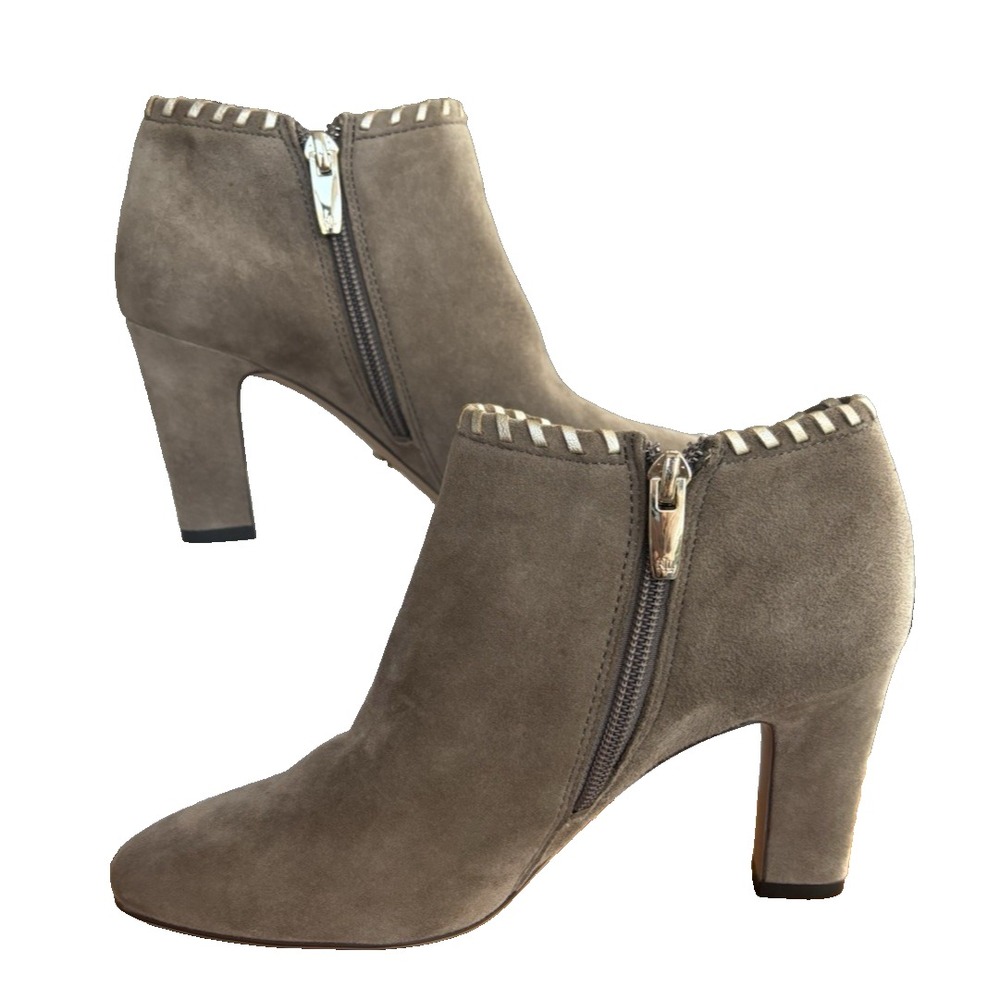 Lauren Ralph Lauren Bryna Suede Ankle Booties Whipstitch Taupe 6.5B Side Zipper - Picture 2 of 13